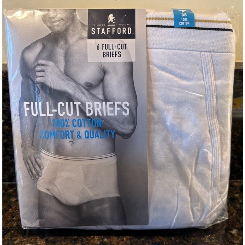 New 6 Pack Men's Stafford Full Cut Briefs 100% Ringspun Cotton White Size 38